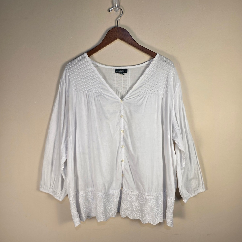 Lauren Jeans Co Ralph Lauren Blouse Womens 2X White Cotton Embroidered Boho Top